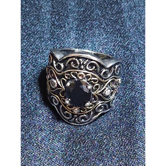 Vintage-Inspired Sterling Silver & Gold-Plated Scrollwork Ring  Sz 6 With Black - Picture 11 of 11